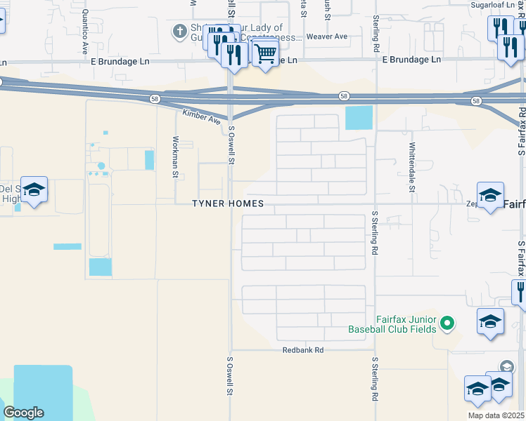 map of restaurants, bars, coffee shops, grocery stores, and more near 5020 Trabuco Canyon Drive in Bakersfield