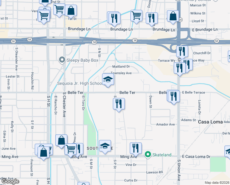 map of restaurants, bars, coffee shops, grocery stores, and more near 900-1142 S P St in Bakersfield