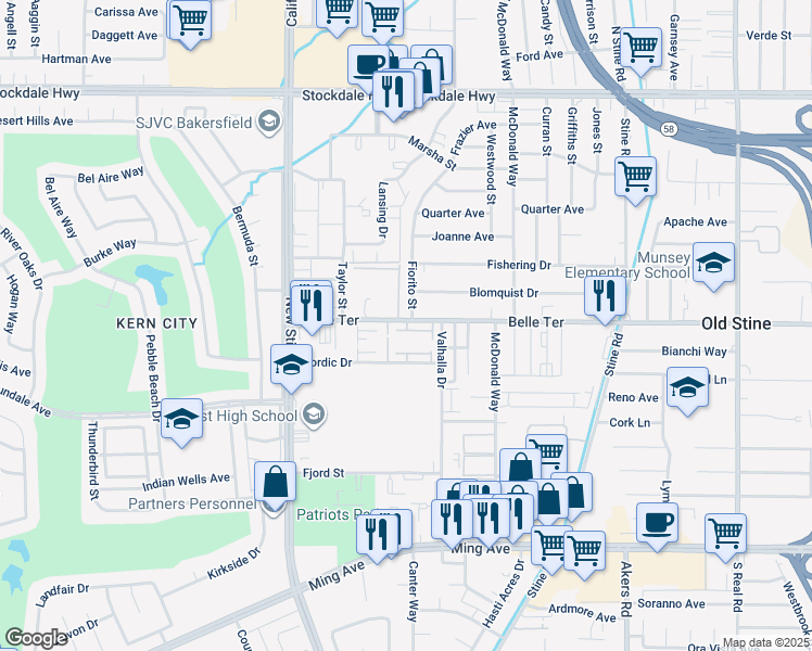 map of restaurants, bars, coffee shops, grocery stores, and more near 4800 Nordic Drive in Bakersfield