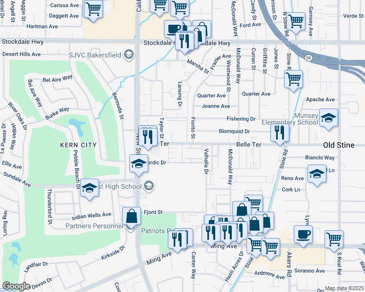 map of restaurants, bars, coffee shops, grocery stores, and more near 4800 Nordic Drive in Bakersfield
