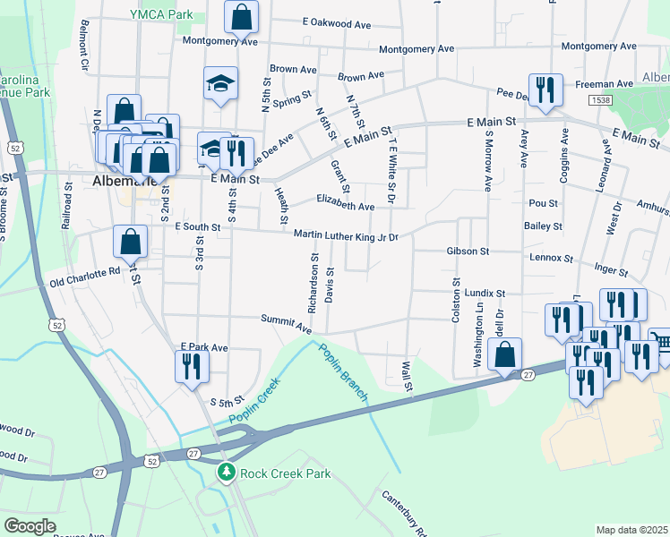 map of restaurants, bars, coffee shops, grocery stores, and more near 451 Davis Street in Albemarle