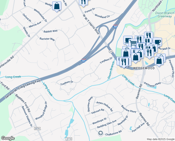 map of restaurants, bars, coffee shops, grocery stores, and more near 9234 Rotherham Lane in Charlotte