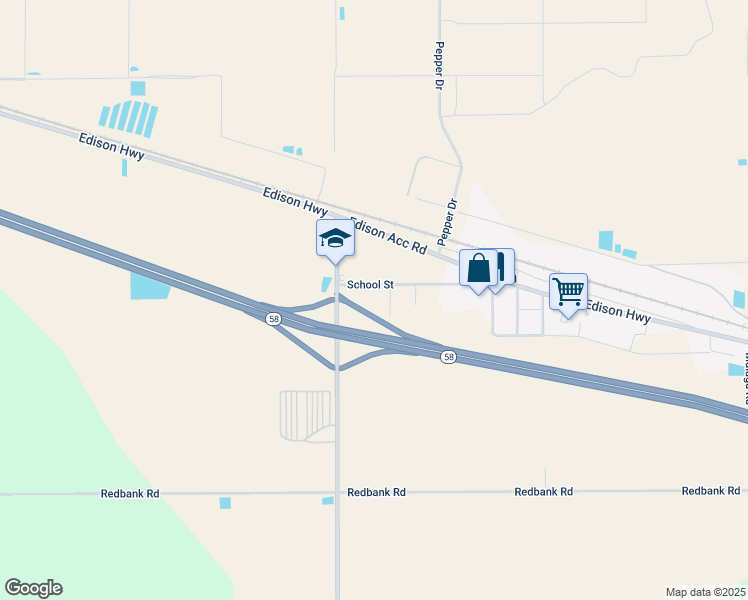 map of restaurants, bars, coffee shops, grocery stores, and more near 11317 School Street in Bakersfield