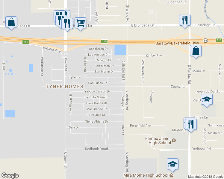 map of restaurants, bars, coffee shops, grocery stores, and more near 5416 Trabuco Canyon Drive in Bakersfield