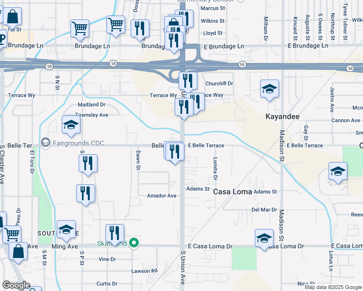 map of restaurants, bars, coffee shops, grocery stores, and more near S Union Ave & Belle Terrace in Bakersfield