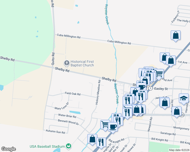 map of restaurants, bars, coffee shops, grocery stores, and more near 4436 Shelby Road in Millington