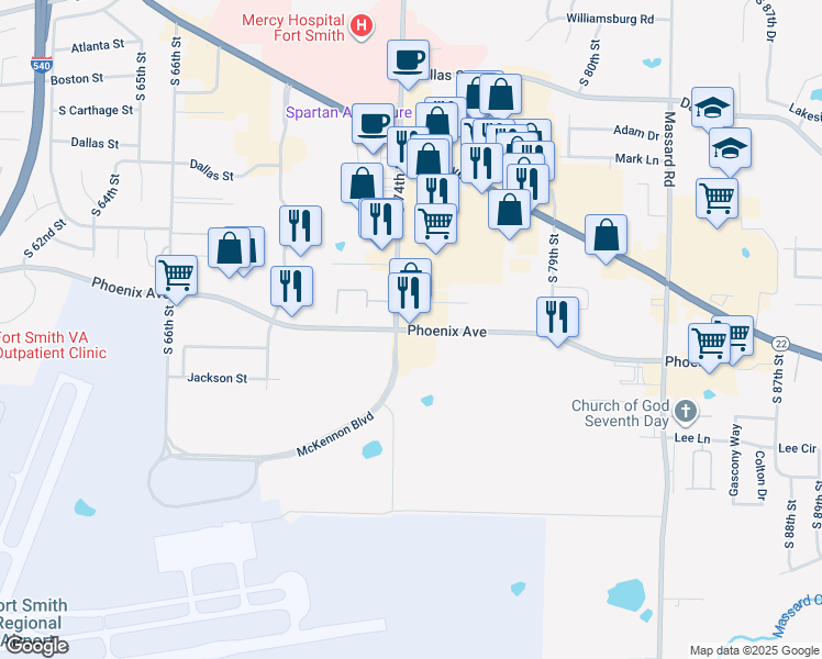 map of restaurants, bars, coffee shops, grocery stores, and more near 7501 Phoenix Avenue in Fort Smith