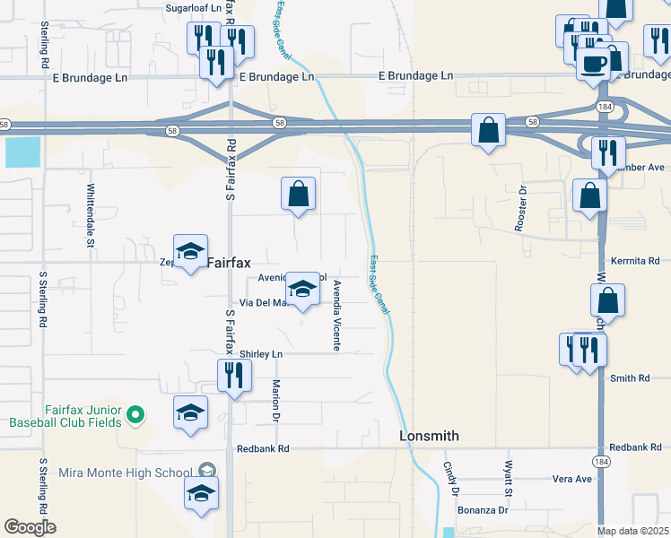 map of restaurants, bars, coffee shops, grocery stores, and more near 814 Mission Street in Bakersfield