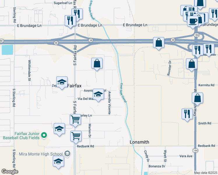 map of restaurants, bars, coffee shops, grocery stores, and more near 814 Mission Street in Bakersfield