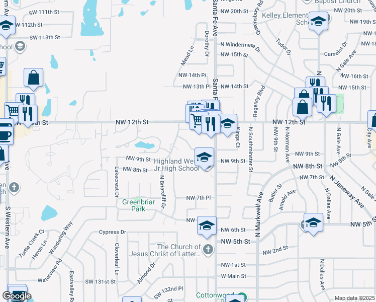 map of restaurants, bars, coffee shops, grocery stores, and more near 1212 Northwest 10th Street in Moore