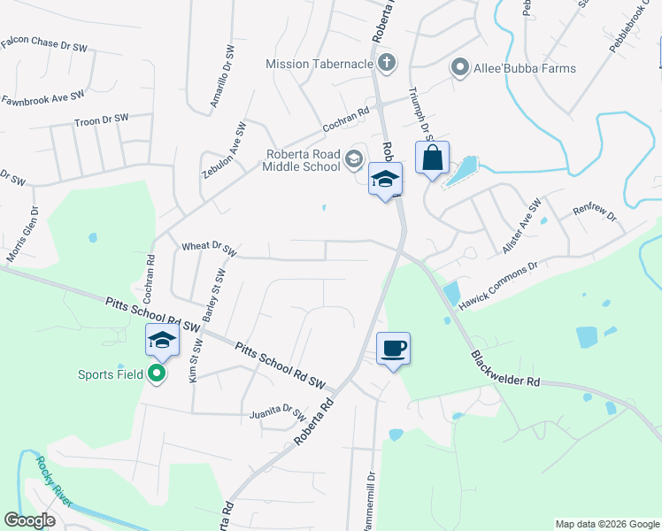 map of restaurants, bars, coffee shops, grocery stores, and more near 1061 Meadowbrook Lane Southwest in Concord