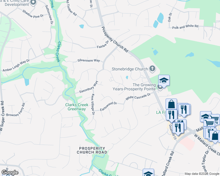 map of restaurants, bars, coffee shops, grocery stores, and more near 9810 Dusty Cedar Court in Charlotte