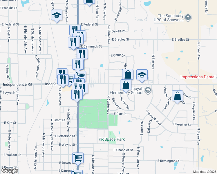 map of restaurants, bars, coffee shops, grocery stores, and more near 1200 East Independence Street in Shawnee