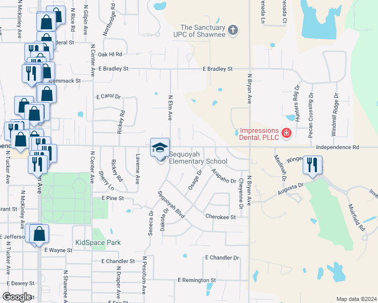 map of restaurants, bars, coffee shops, grocery stores, and more near 1 Apache in Shawnee