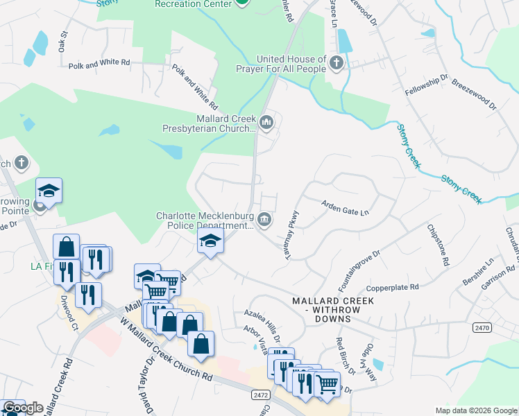 map of restaurants, bars, coffee shops, grocery stores, and more near 11128 Mallard Creek Road in Charlotte