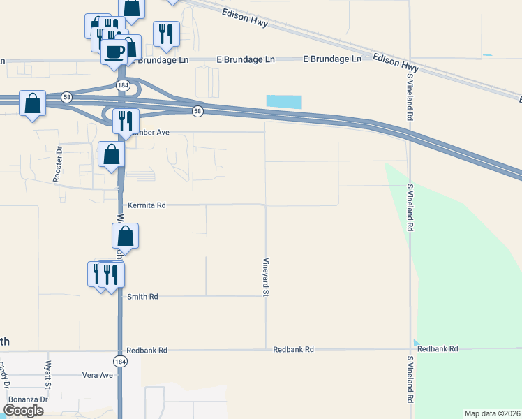 map of restaurants, bars, coffee shops, grocery stores, and more near 8857 Kerrnita Road in Bakersfield