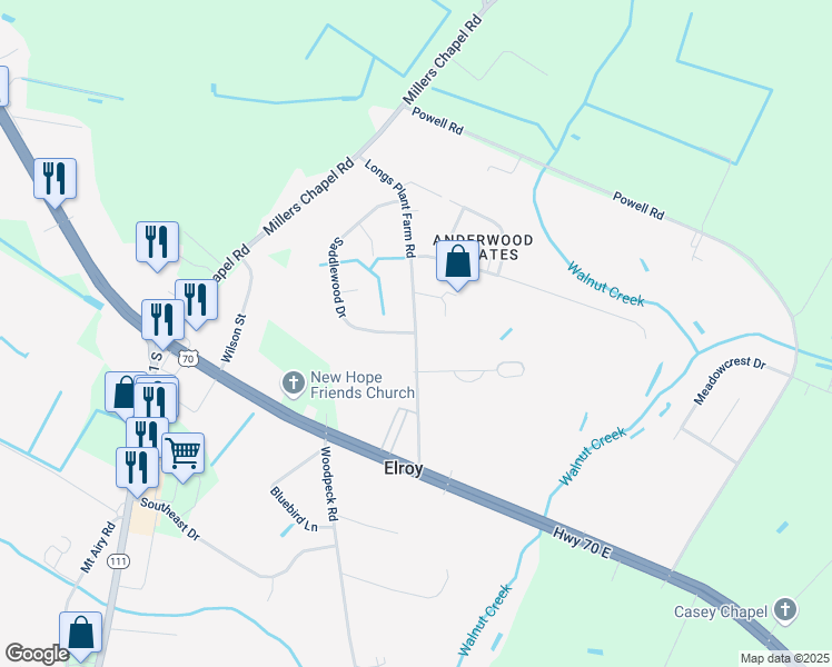 map of restaurants, bars, coffee shops, grocery stores, and more near Longs Plant Farm Road in Goldsboro