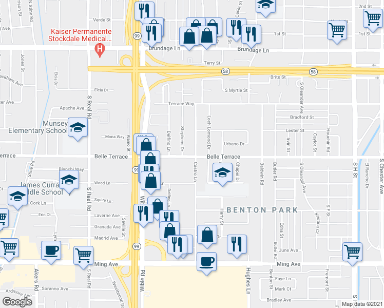 map of restaurants, bars, coffee shops, grocery stores, and more near 708 Stephens Drive in Bakersfield