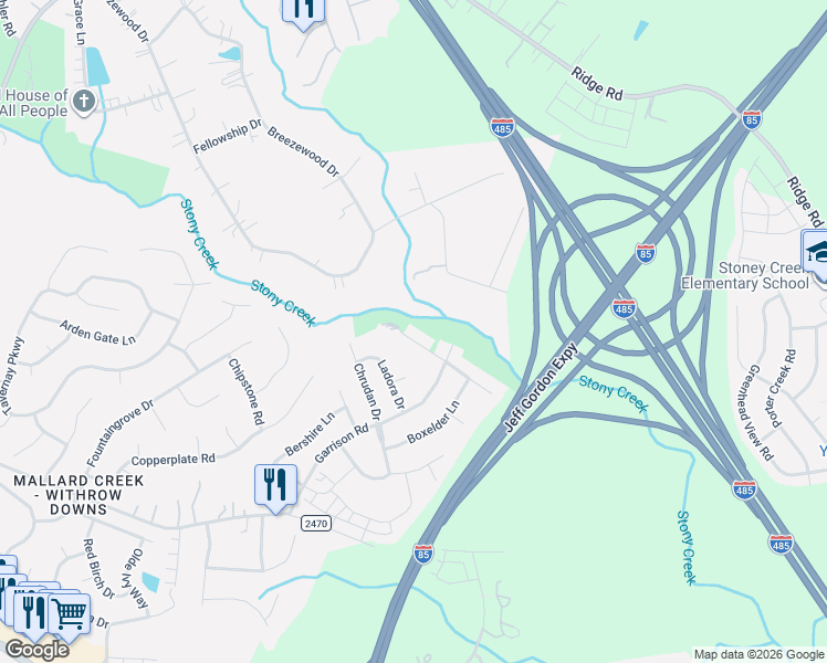 map of restaurants, bars, coffee shops, grocery stores, and more near 13845 Purple Bloom Lane in Charlotte