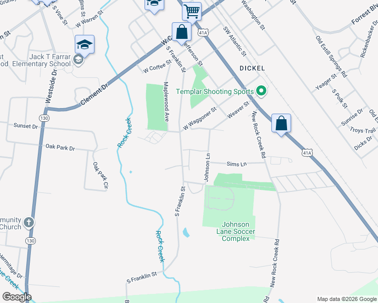 map of restaurants, bars, coffee shops, grocery stores, and more near 1015 South Franklin Street in Tullahoma