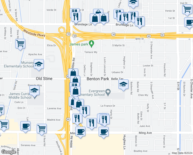 map of restaurants, bars, coffee shops, grocery stores, and more near 725 Castro Lane in Bakersfield
