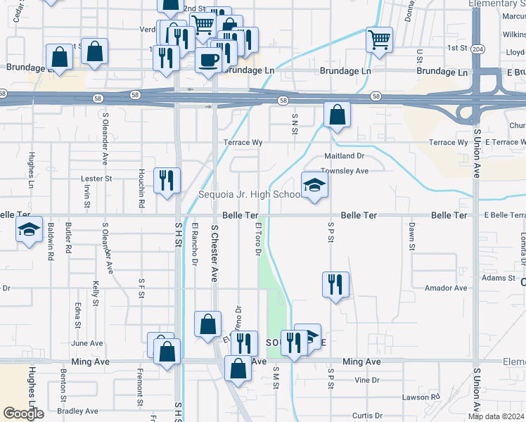 map of restaurants, bars, coffee shops, grocery stores, and more near 714 El Toro Drive in Bakersfield