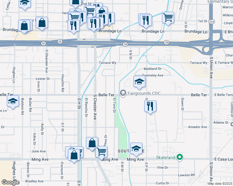 map of restaurants, bars, coffee shops, grocery stores, and more near 714 El Toro Drive in Bakersfield