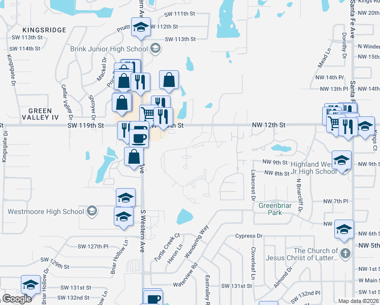 map of restaurants, bars, coffee shops, grocery stores, and more near 12020 Jadesdale Circle in Oklahoma City