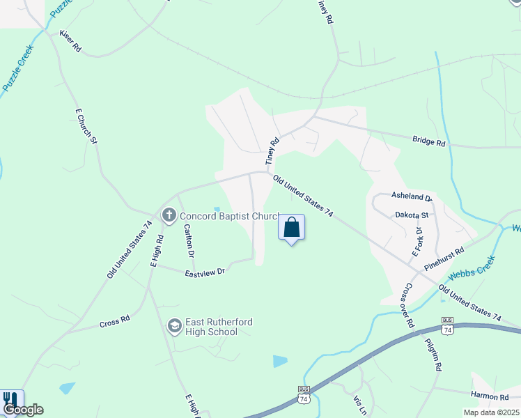 map of restaurants, bars, coffee shops, grocery stores, and more near 165 Eastview Drive in Bostic