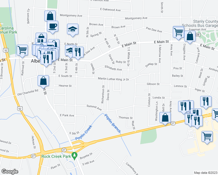 map of restaurants, bars, coffee shops, grocery stores, and more near 443 Davis Street in Albemarle