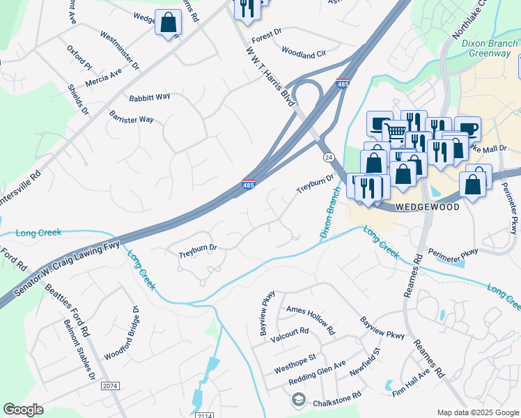 map of restaurants, bars, coffee shops, grocery stores, and more near 9101 Mentmore Court in Charlotte