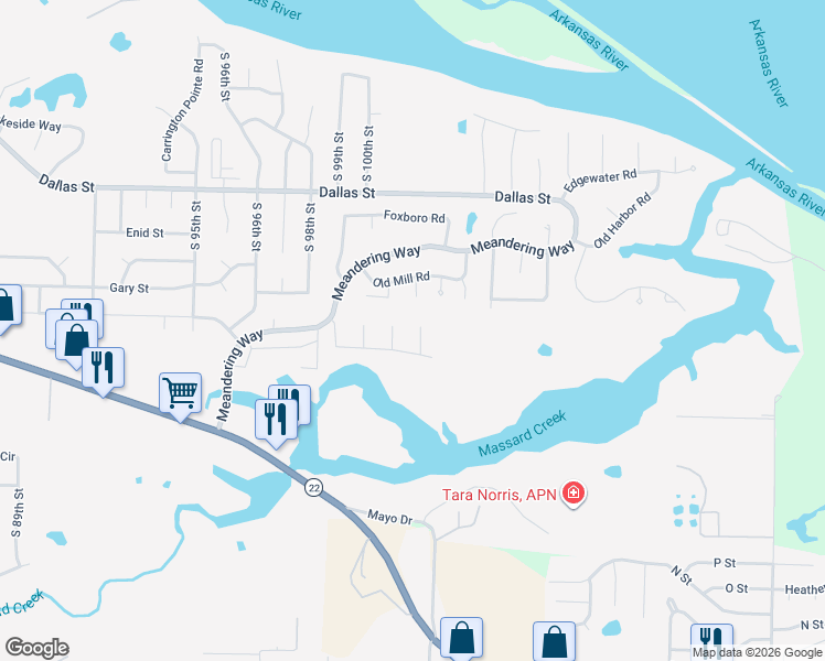 map of restaurants, bars, coffee shops, grocery stores, and more near 3713 Bayside Circle in Fort Smith
