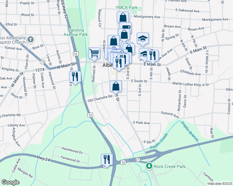 map of restaurants, bars, coffee shops, grocery stores, and more near South 1st Street in Albemarle