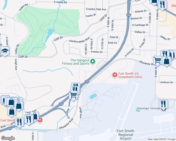 map of restaurants, bars, coffee shops, grocery stores, and more near 5413 Heather Ridge Street in Fort Smith