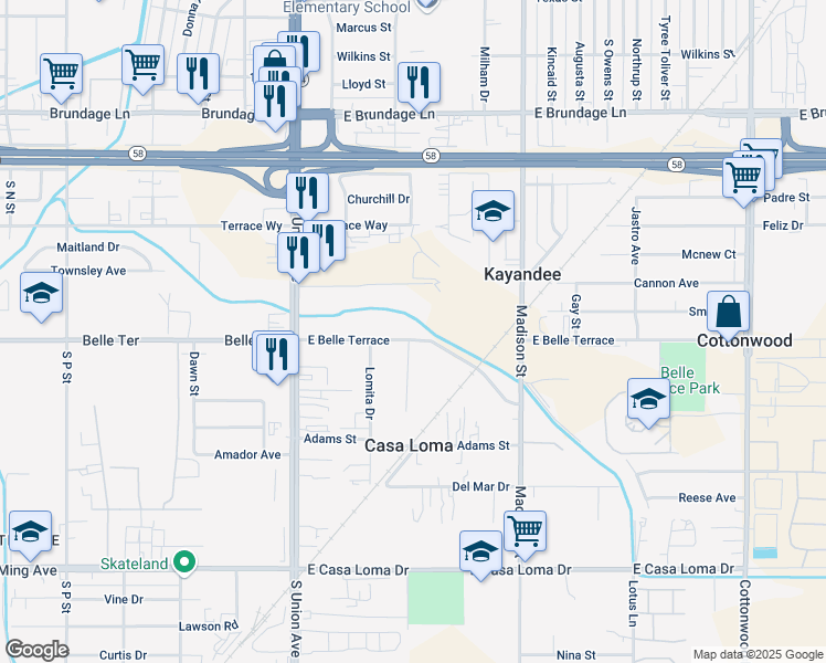 map of restaurants, bars, coffee shops, grocery stores, and more near 341 Daniels Lane in Bakersfield