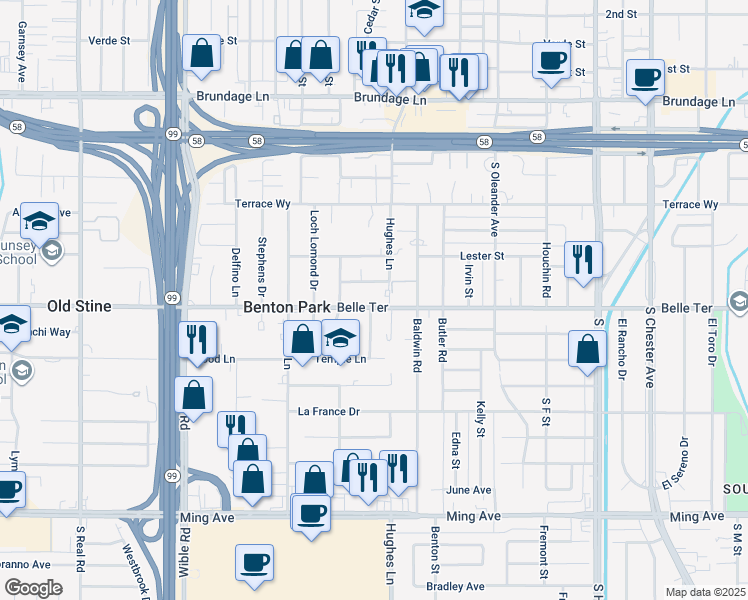 map of restaurants, bars, coffee shops, grocery stores, and more near 2517 Urbano Drive in Bakersfield