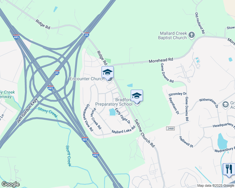 map of restaurants, bars, coffee shops, grocery stores, and more near 14039 Drake Watch Lane in Charlotte