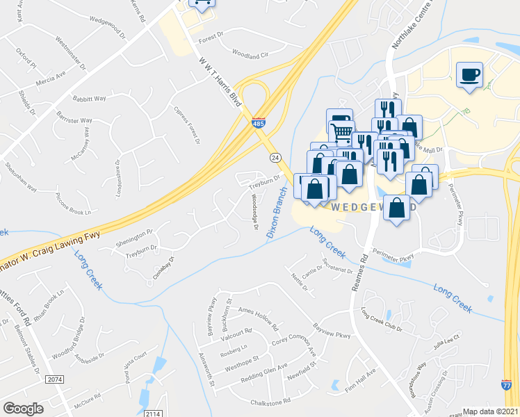 map of restaurants, bars, coffee shops, grocery stores, and more near 8020 Woodsedge Drive in Charlotte