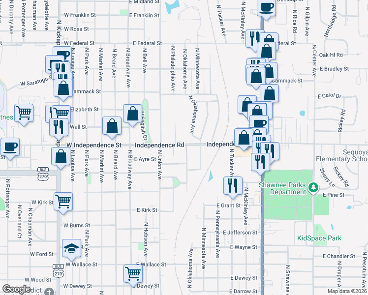 map of restaurants, bars, coffee shops, grocery stores, and more near 1427 North Philadelphia Avenue in Shawnee