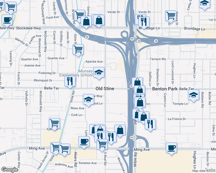 map of restaurants, bars, coffee shops, grocery stores, and more near 3420 Belle Terrace in Bakersfield