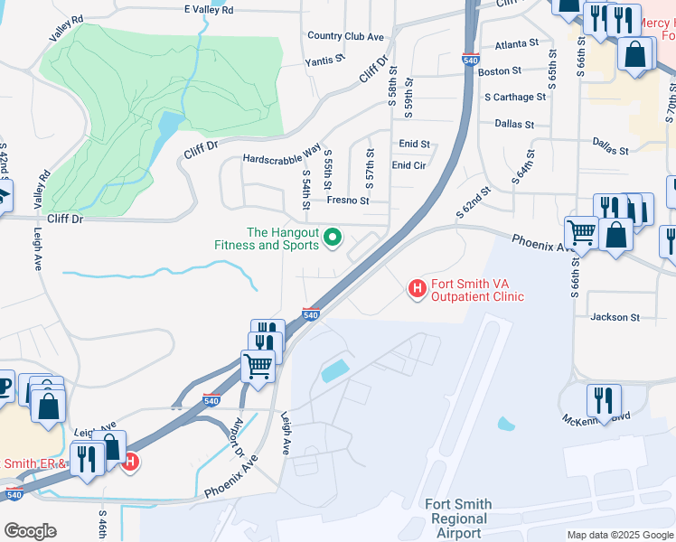 map of restaurants, bars, coffee shops, grocery stores, and more near 5601 Heather Ridge Street in Fort Smith