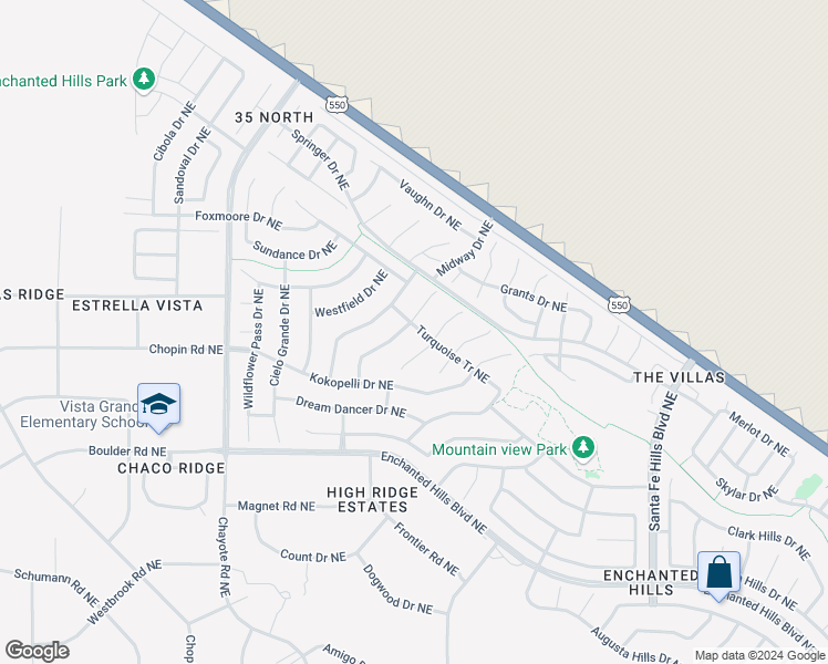 map of restaurants, bars, coffee shops, grocery stores, and more near 5044 Sanbusco Drive Northeast in Rio Rancho