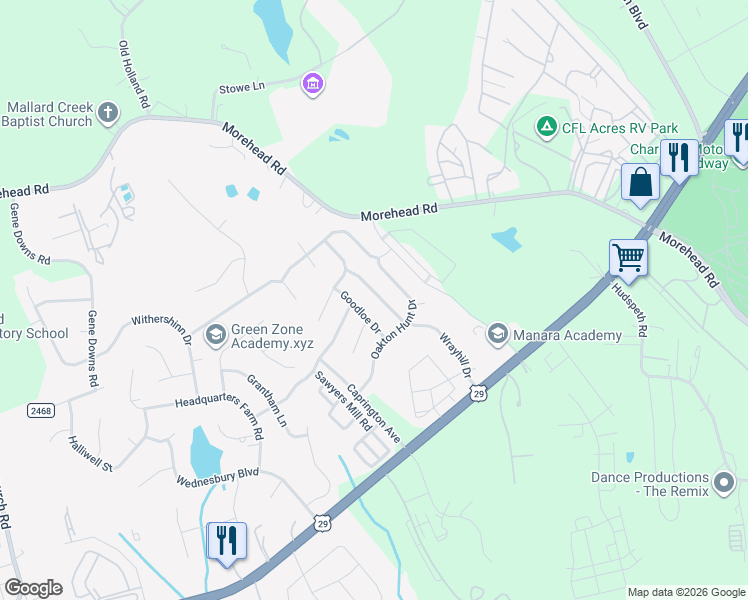 map of restaurants, bars, coffee shops, grocery stores, and more near 533 Wrayhill Drive in Charlotte