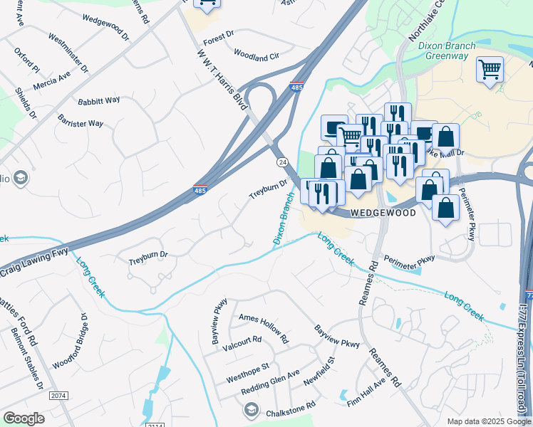 map of restaurants, bars, coffee shops, grocery stores, and more near 8010 Woodsedge Drive in Charlotte