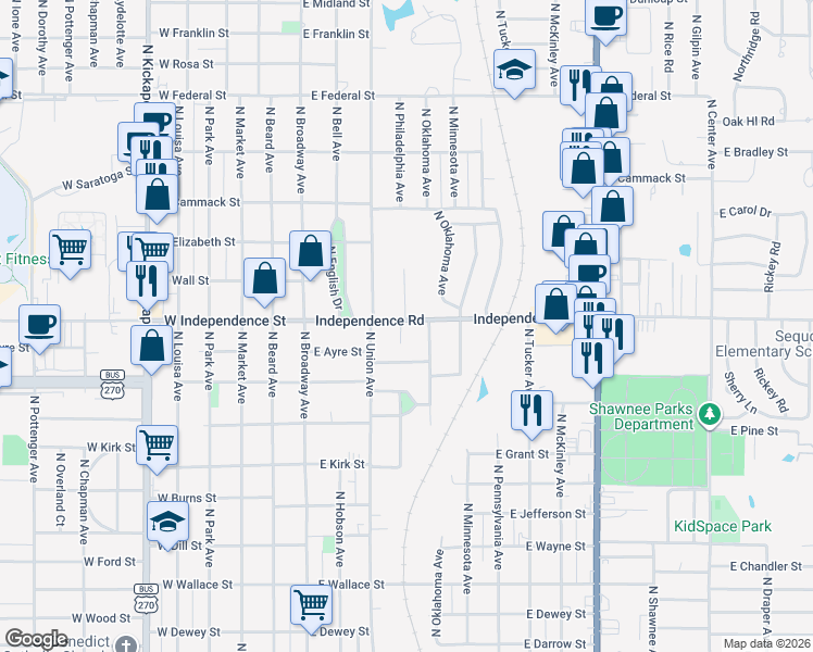 map of restaurants, bars, coffee shops, grocery stores, and more near 1427 North Philadelphia Avenue in Shawnee