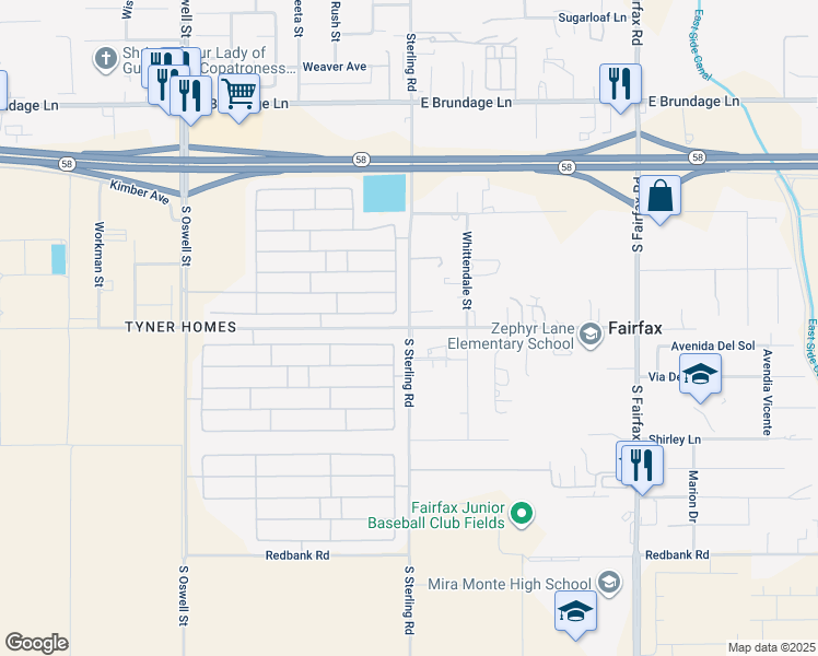 map of restaurants, bars, coffee shops, grocery stores, and more near Zephyr Lane in Bakersfield