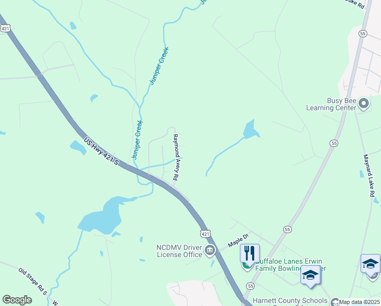 map of restaurants, bars, coffee shops, grocery stores, and more near 385 Raymond Avery Road in Erwin