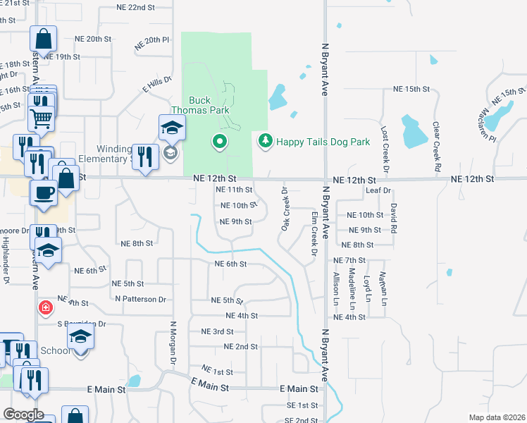 map of restaurants, bars, coffee shops, grocery stores, and more near 1024 Stadium Road in Moore