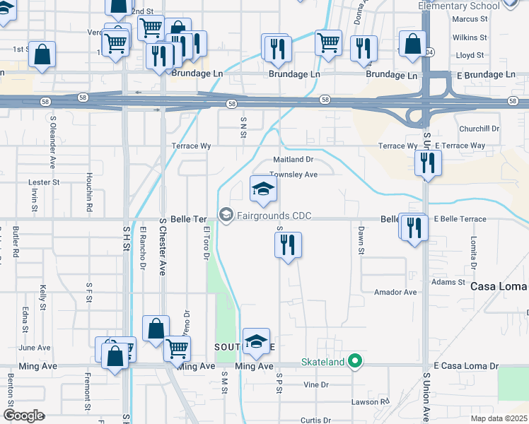 map of restaurants, bars, coffee shops, grocery stores, and more near 900 Belle Terrace in Bakersfield