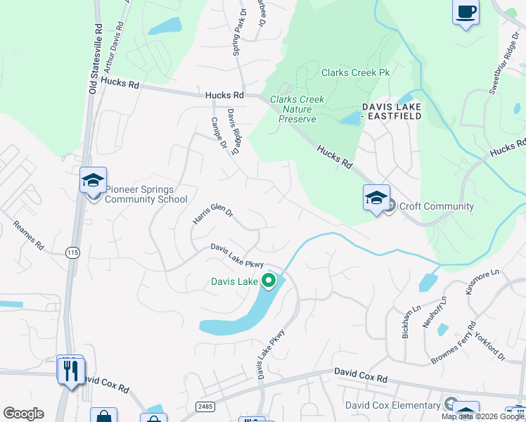 map of restaurants, bars, coffee shops, grocery stores, and more near 8906 Woodland Hills Road in Charlotte